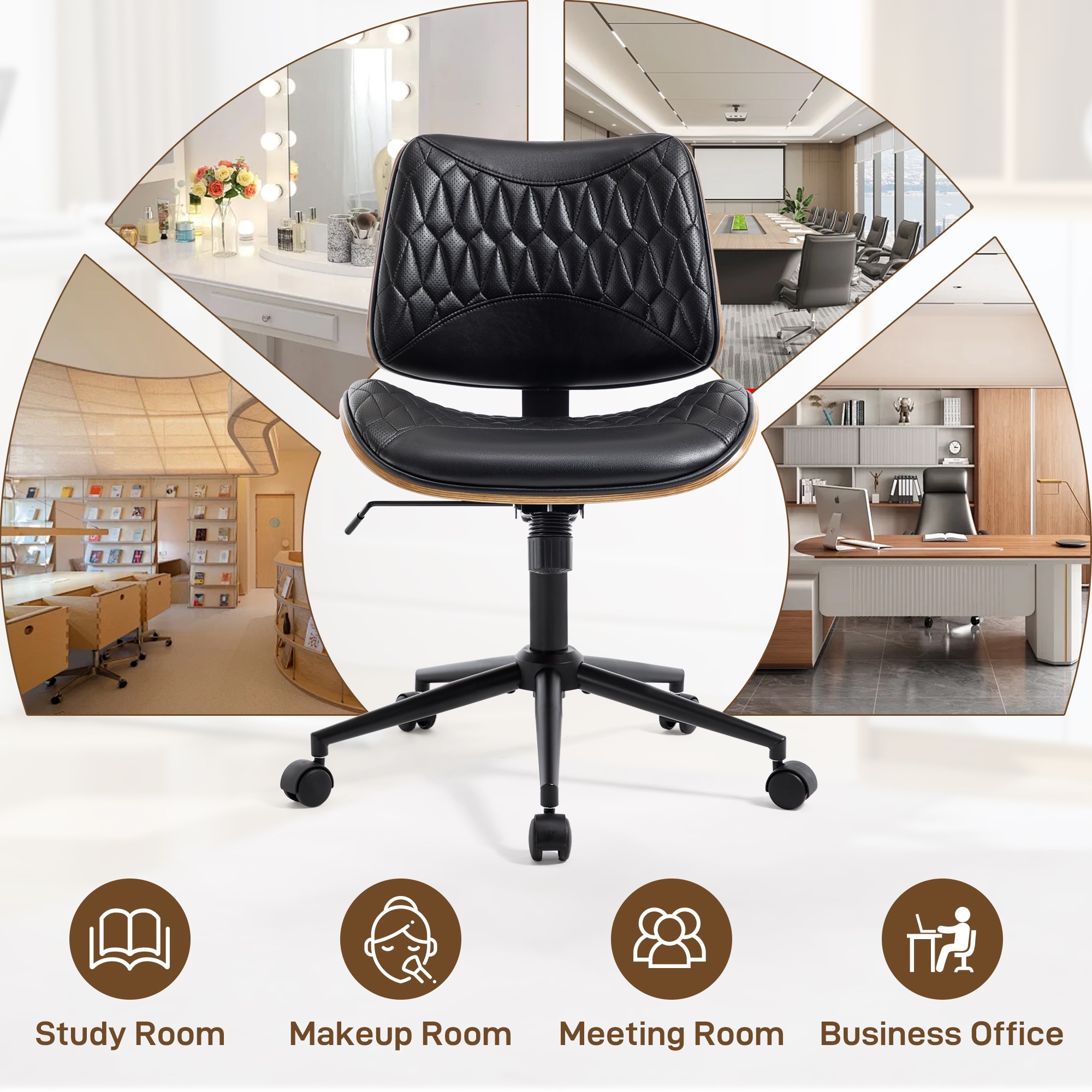 Armless Office Chair With Wheels, Adjustable Height Mid Back Small Desk Chair, Modern Walnut Bentwood Back, PU Leather Swivel Rolling Computer Task Chair For Home Office, Meeting Room, Study, Set Of 1_voghion.com